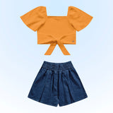 Conjunto Feminino Infantil Blusa em Malha Candy e Short Clochard em Jeans