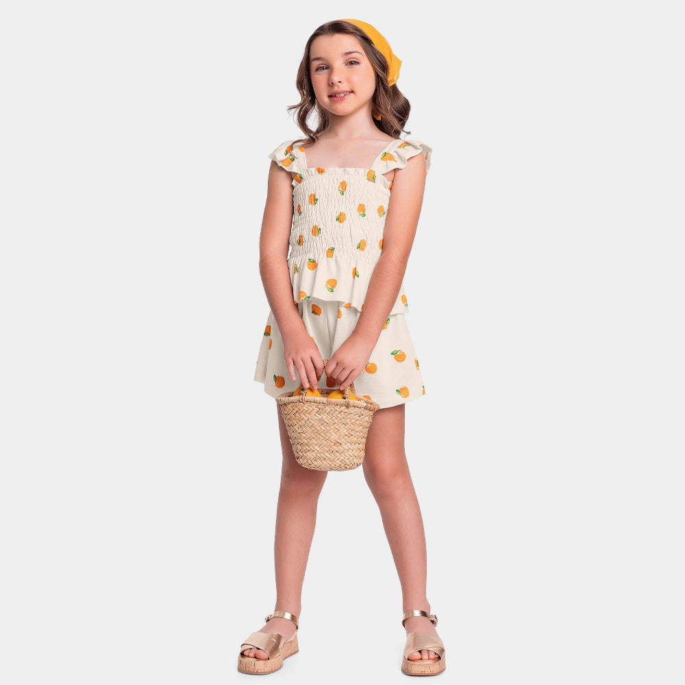 Conjunto Feminino Infantil Blusa Shorts Tangerina