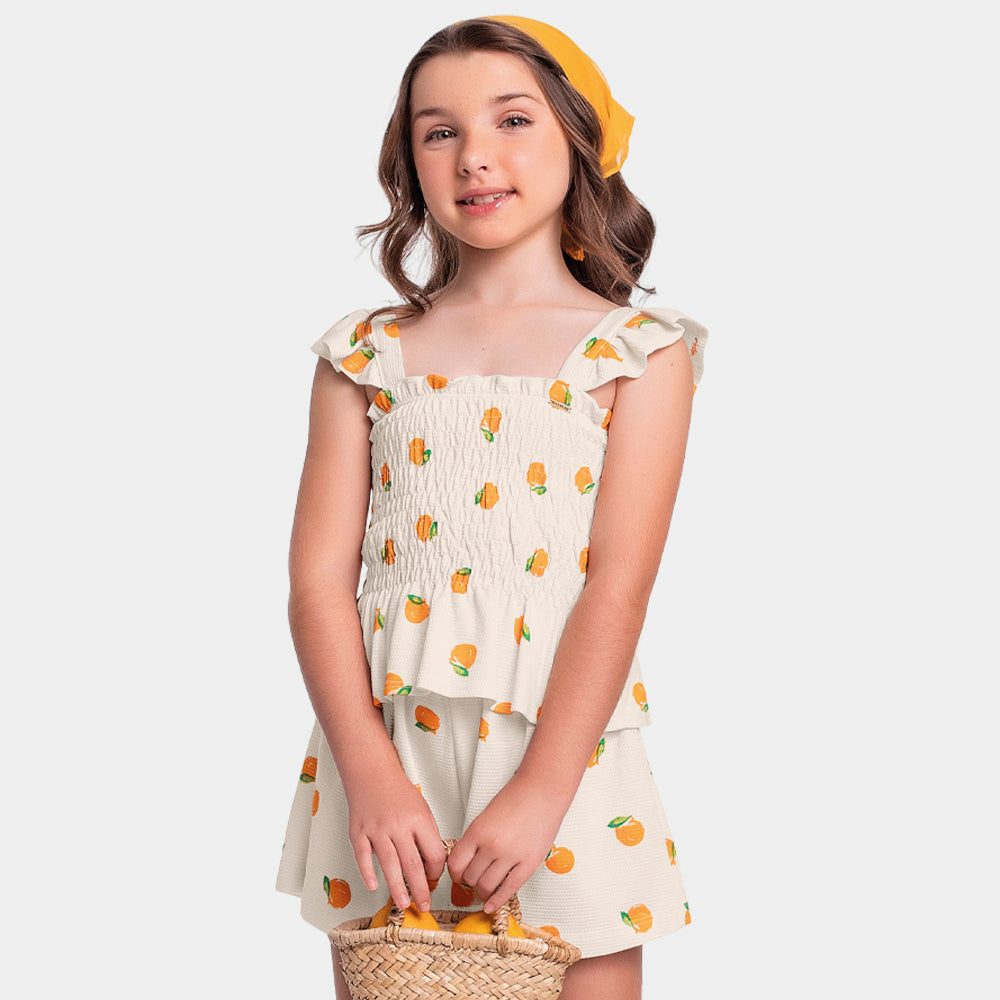 Conjunto Feminino Infantil Blusa Shorts Tangerina