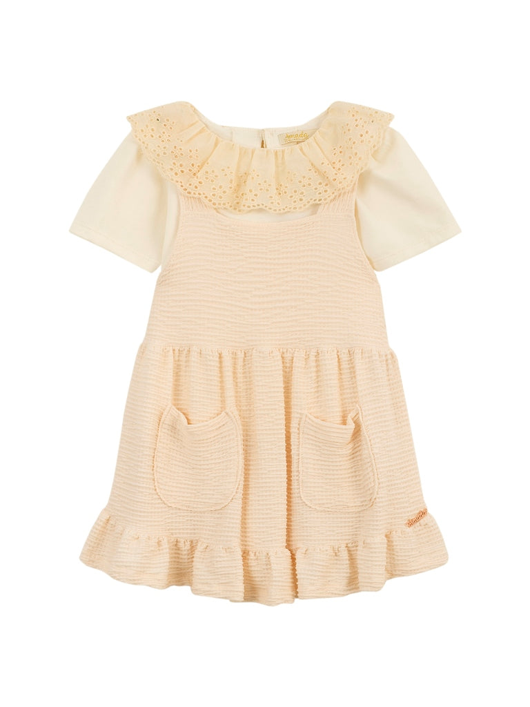 Conjunto Feminino Infantil Blusa em Malha Cotton Penteado e Salopete Anarruga