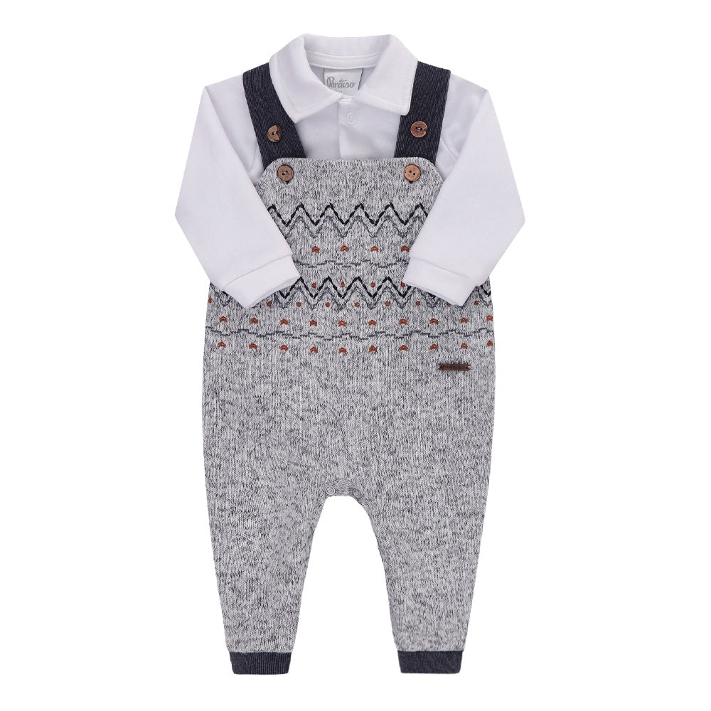 Conjunto Baby Longo Masculino Macacão Tricô Felpado e Body Paraiso