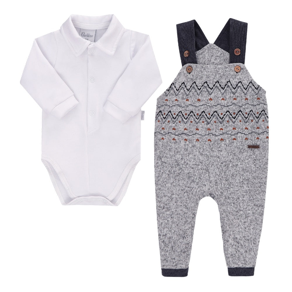Conjunto Baby Longo Masculino Macacão Tricô Felpado e Body Paraiso