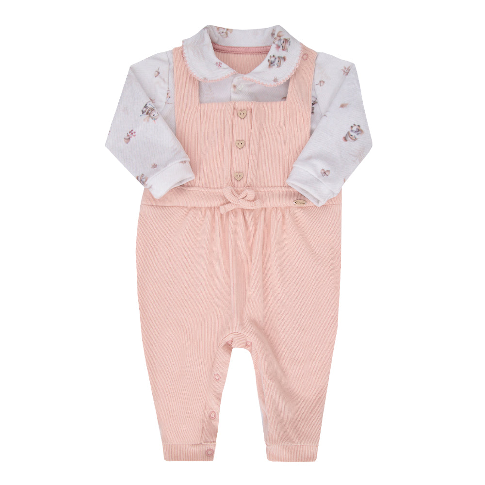 Conjunto de Bebê Rosa com Body Estampado e Jardineira Texturizada