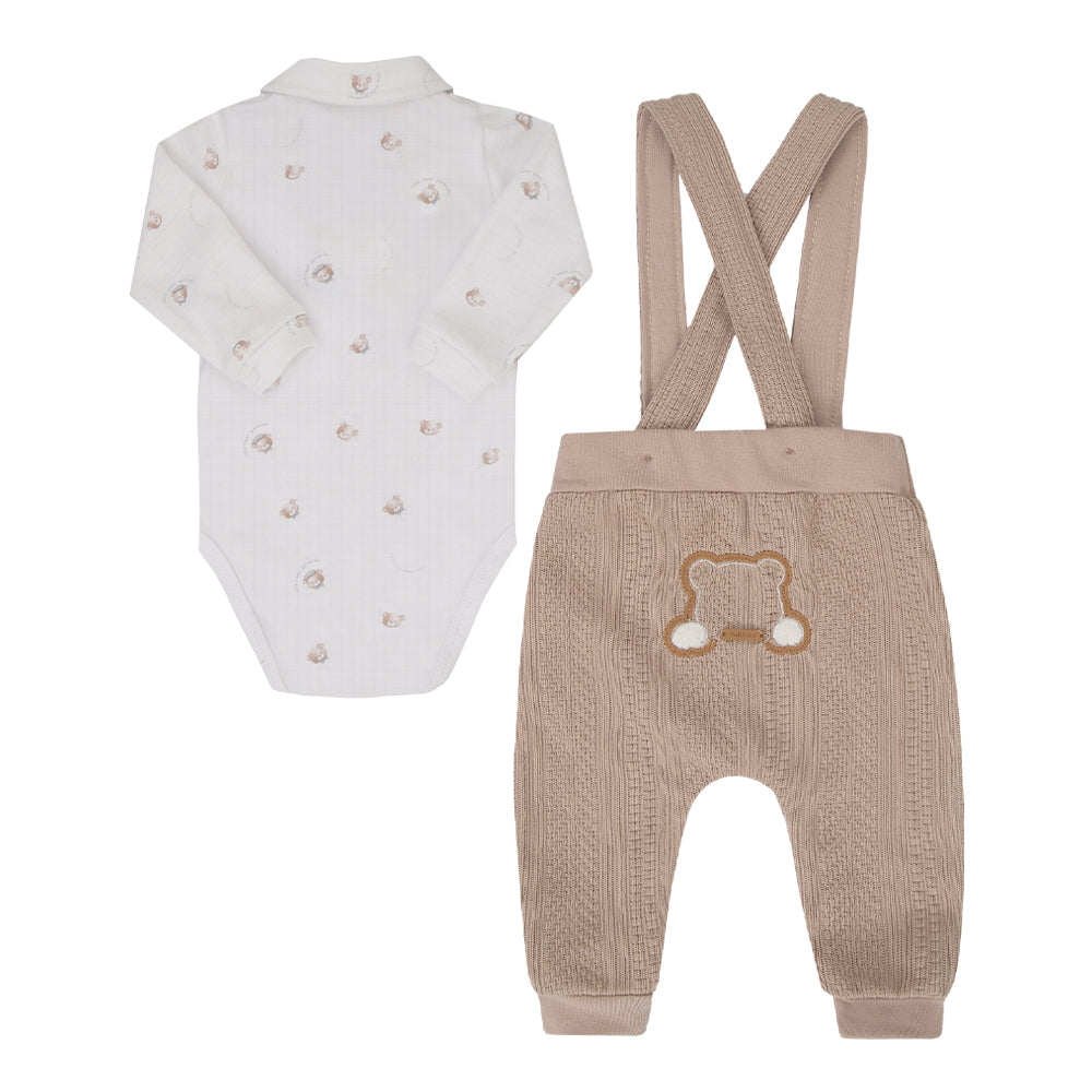 Conjunto de Bebê Social Bege com Body e Calça com Suspensório