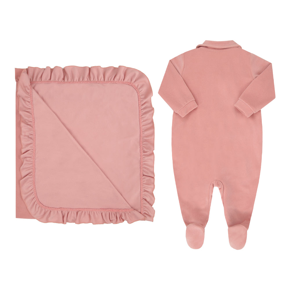 Kit Saida Maternidade de Bebê Rosa com Bordado Floral e Manta Elegante