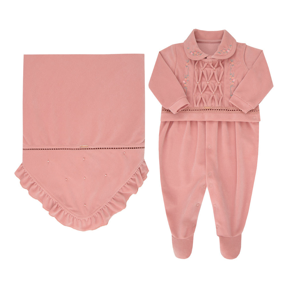 Kit Saida Maternidade de Bebê Rosa com Bordado Floral e Manta Elegante