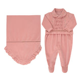 Kit Saida Maternidade de Bebê Rosa com Bordado Floral e Manta Elegante