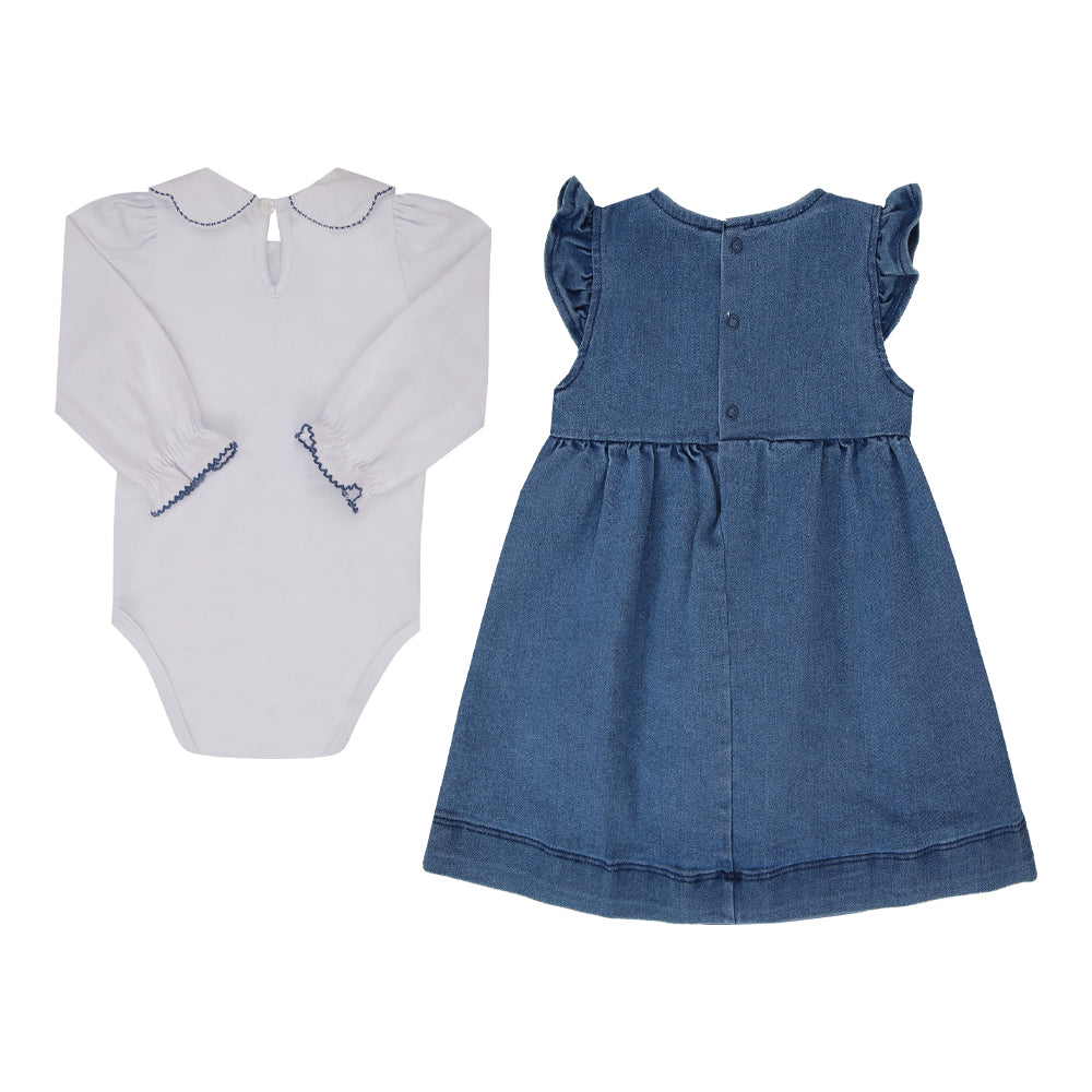 Conjunto Bebê com Body Branco e Vestido Jeans Confortável