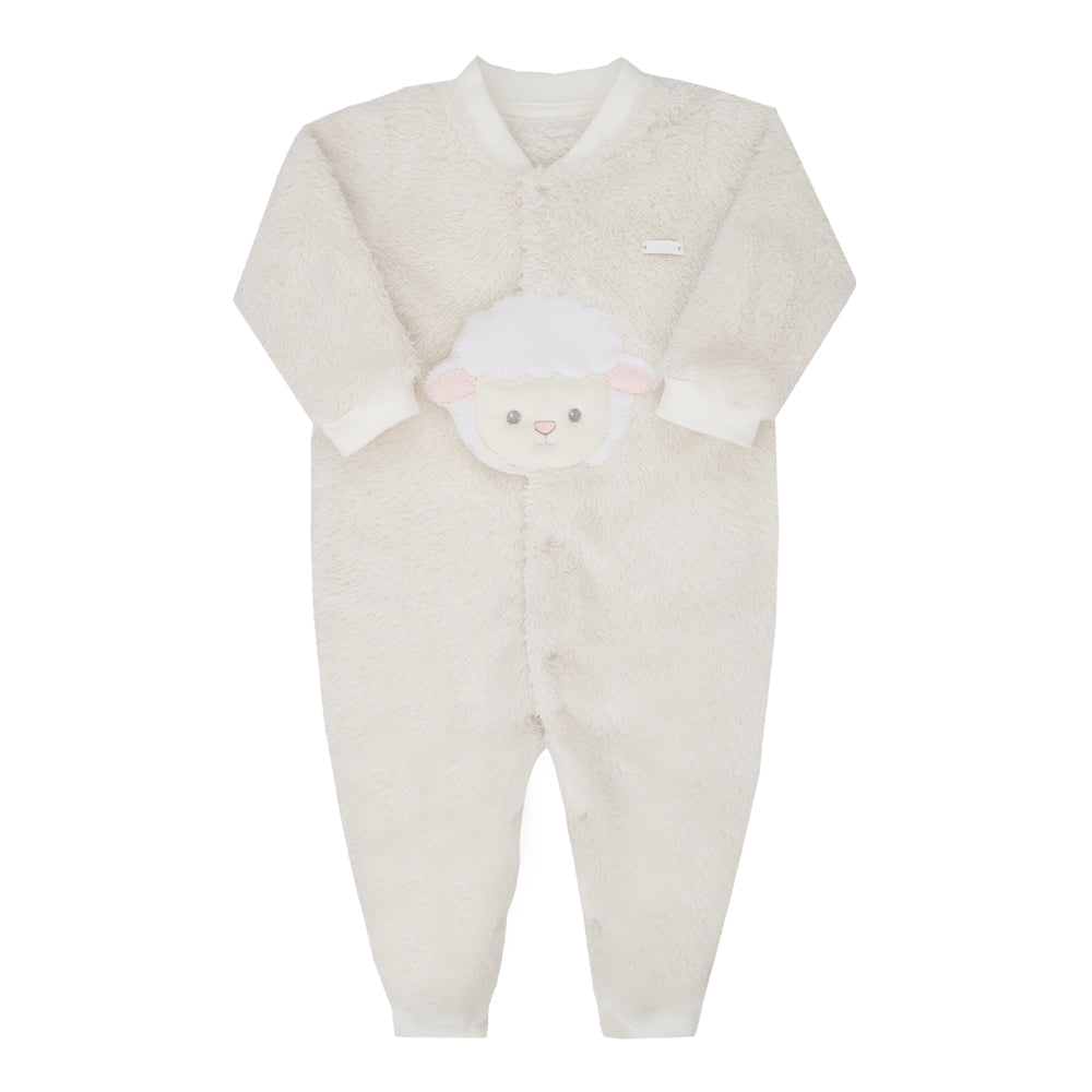 Macacão de Bebê em Plush Creme com Bordado de