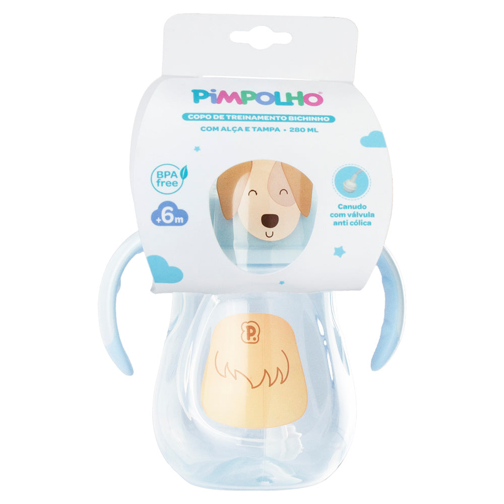 Copo de Treinamento Bichinho com Alça e Tampa 280ml Masculina Pimpolho Azul/Cachorro