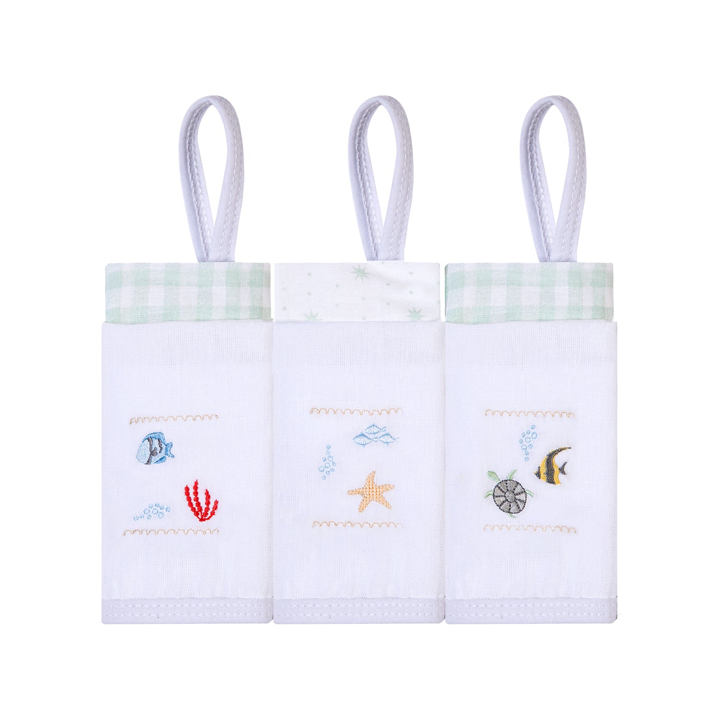 Kit Paninho de Boca Bordados Papi com Prendedor de Chupeta – 3 Unidades 40x40cm Fundo do Mar