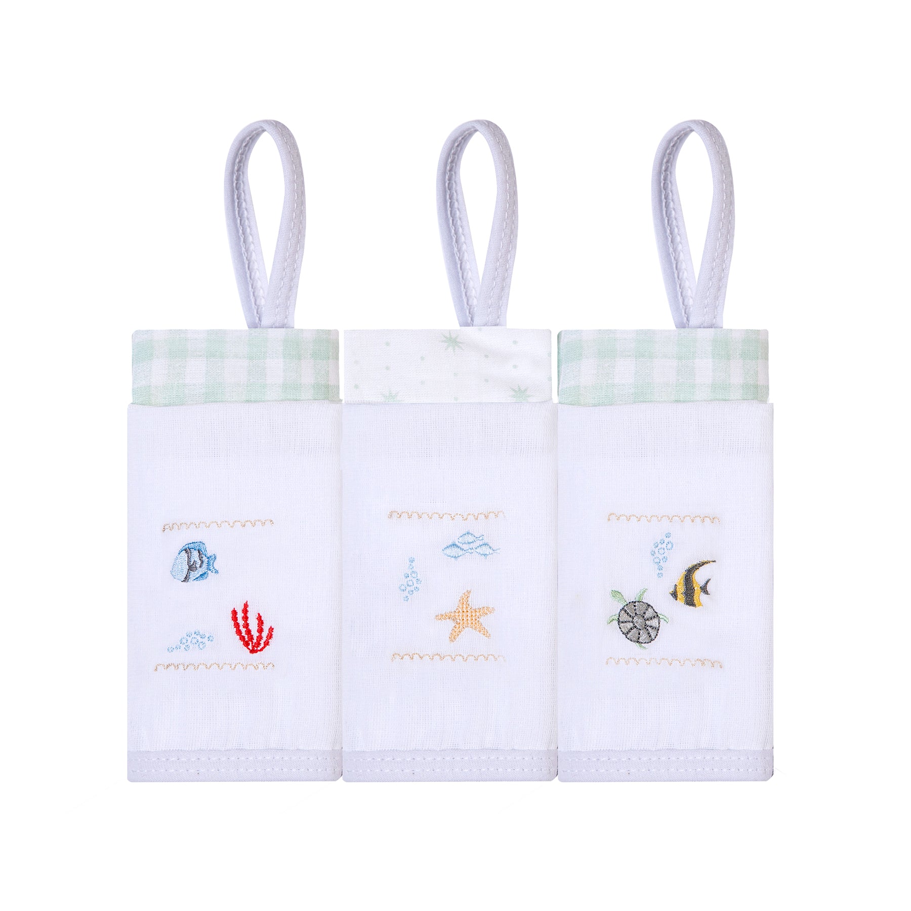 Kit Paninho de Boca Bordados Papi com Prendedor de Chupeta – 3 Unidades 40x40cm Fundo do Mar
