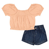 Conjunto Feminino Infantil Blusa e Shorts Jeans