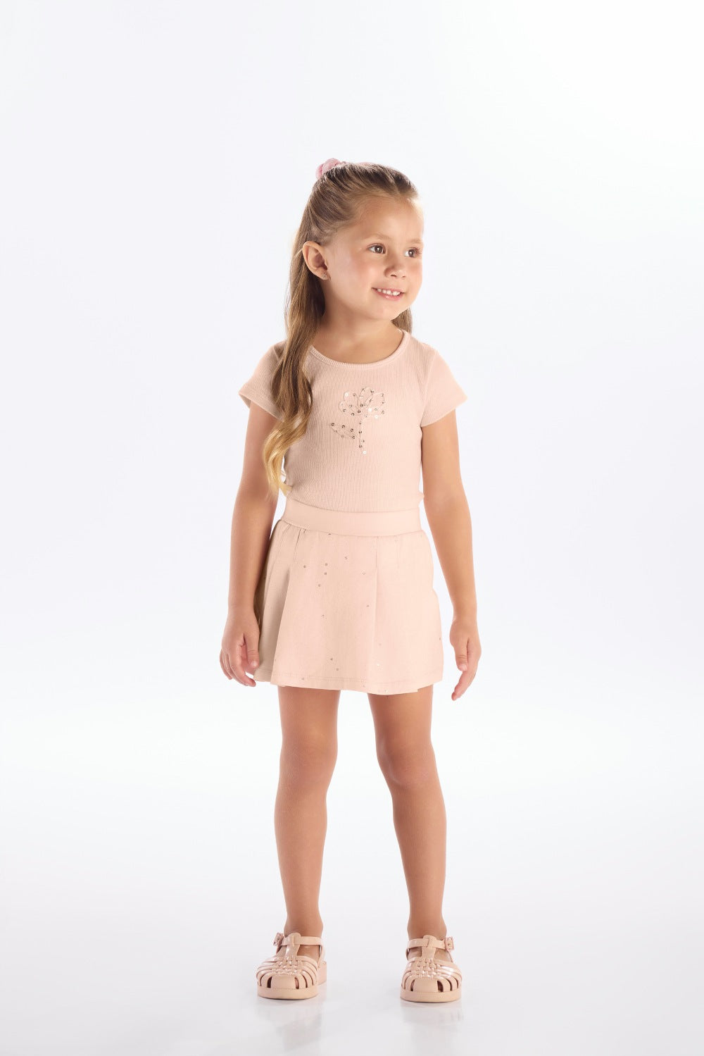 Conjunto Feminino Infantil Canelado Flor Brilho Saia