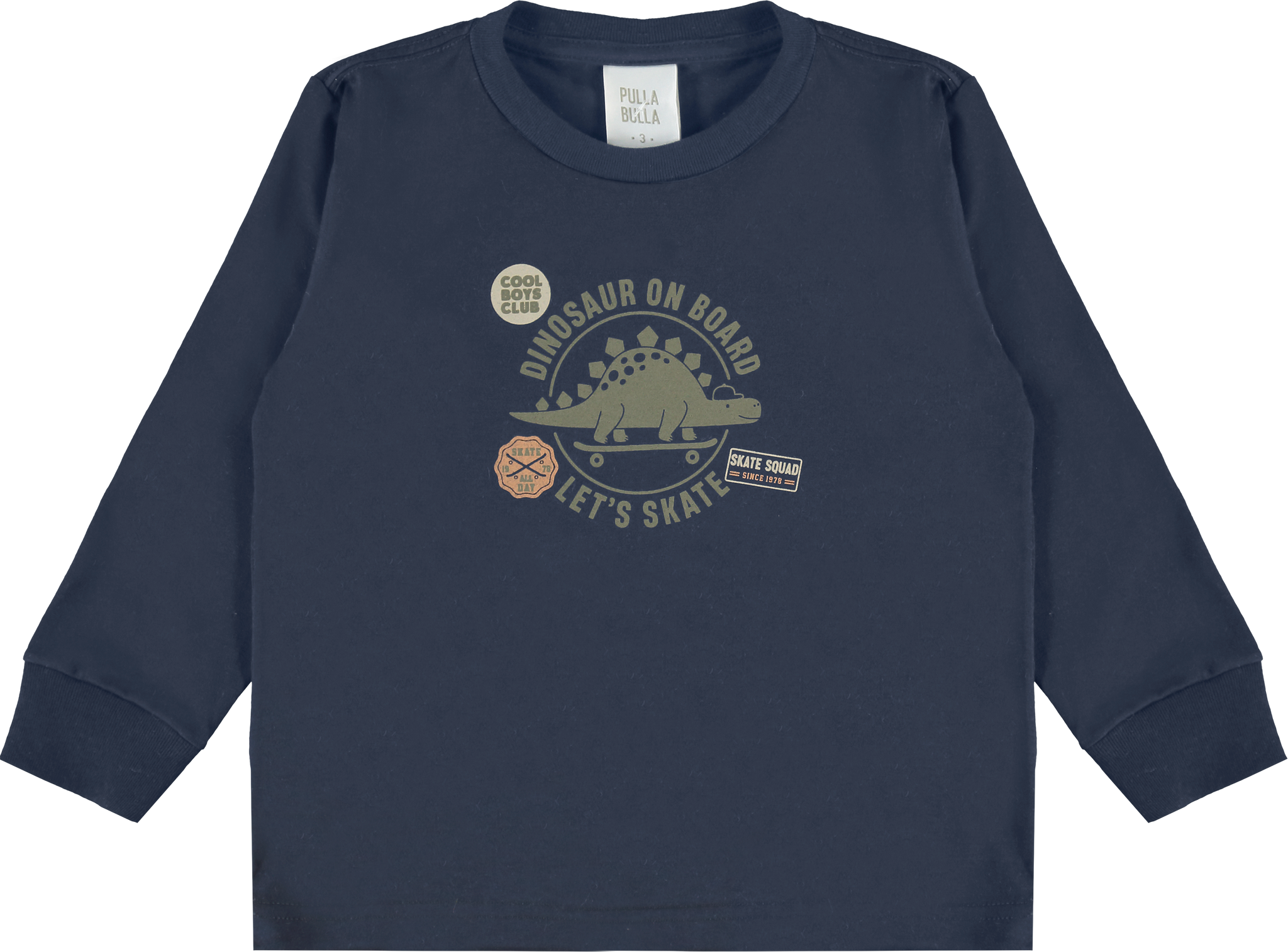 Camiseta Masculina Infantil Manga Longa Pulla Bulla – Dinossauro Skatista e Estilo Divertido