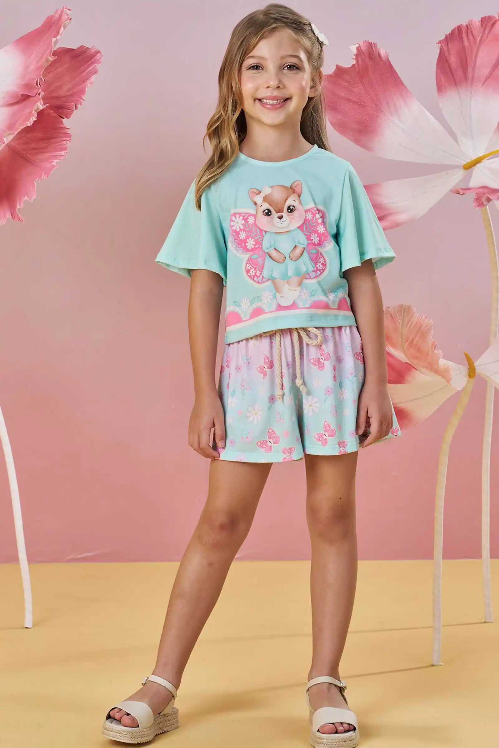 Conjunto Feminino Infantil Shorts em Malha Ursinha