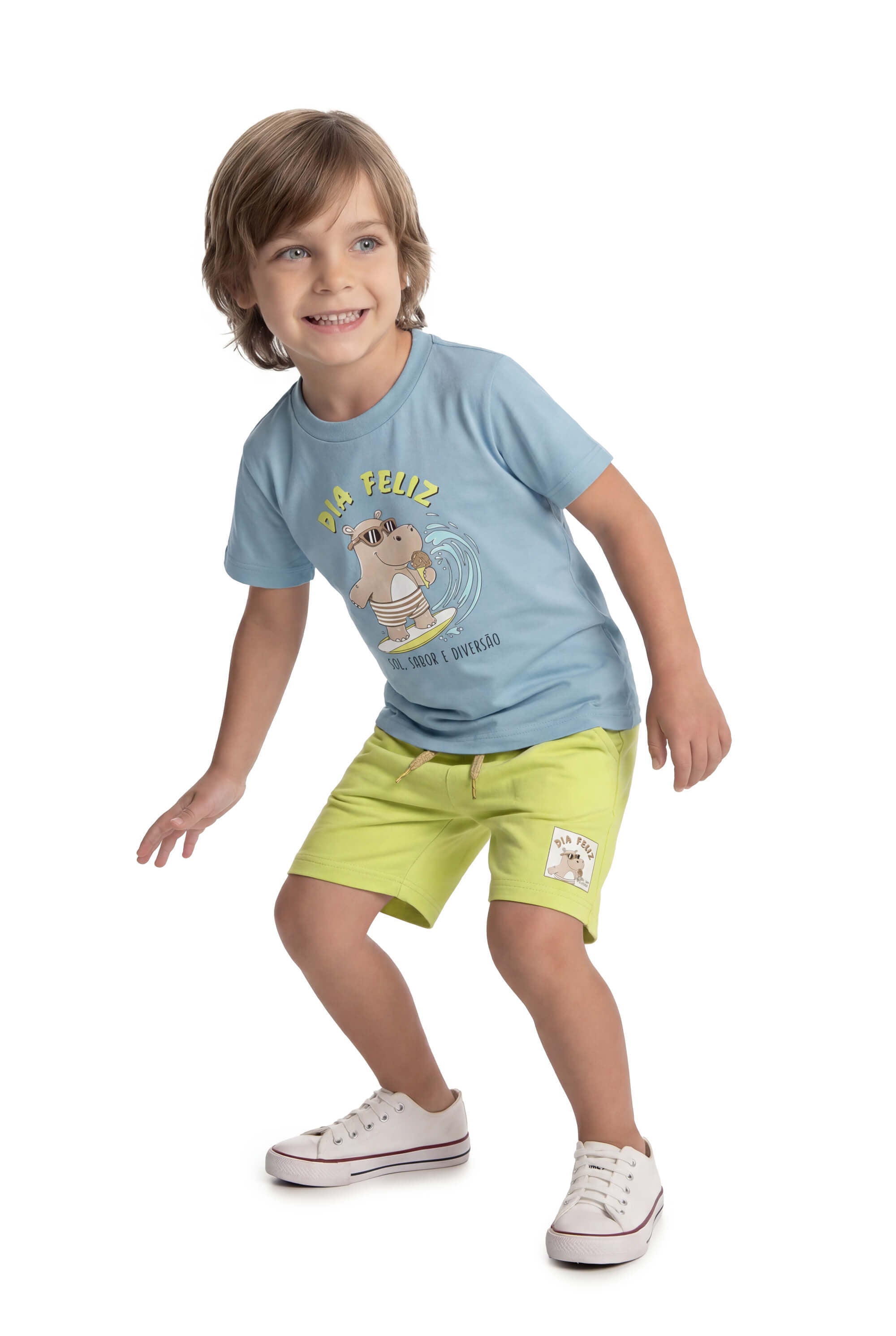 Camiseta Infantil Dia Feliz em Meia Malha com Bermuda Moletinho