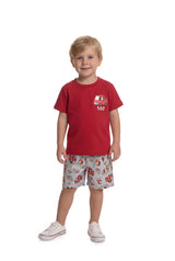 Camiseta Infantil Bombeiro em Meia Malha com Bermuda Tactel Confortável