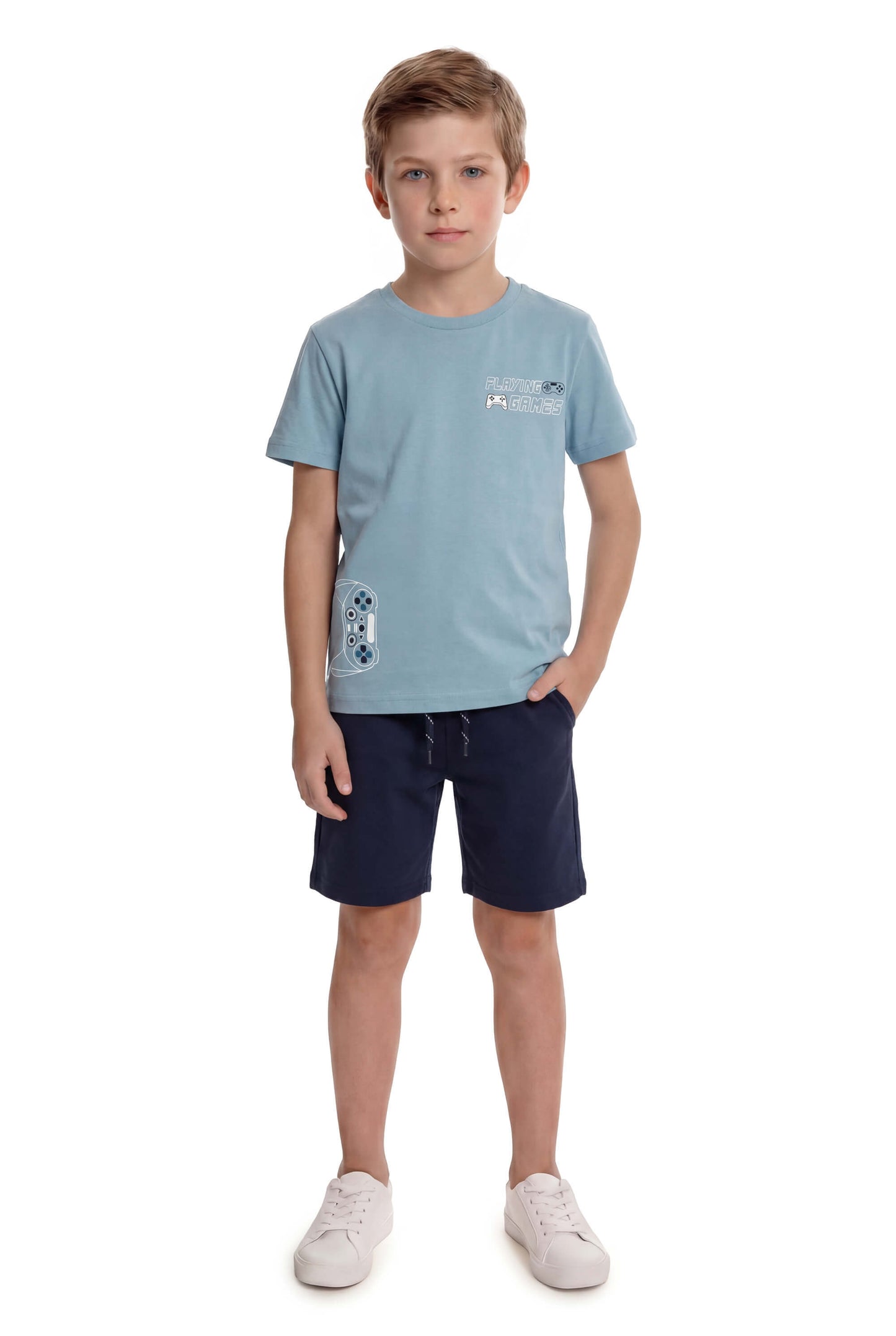 Camiseta Infantil Playing em Meia Malha com Bermuda Tactel