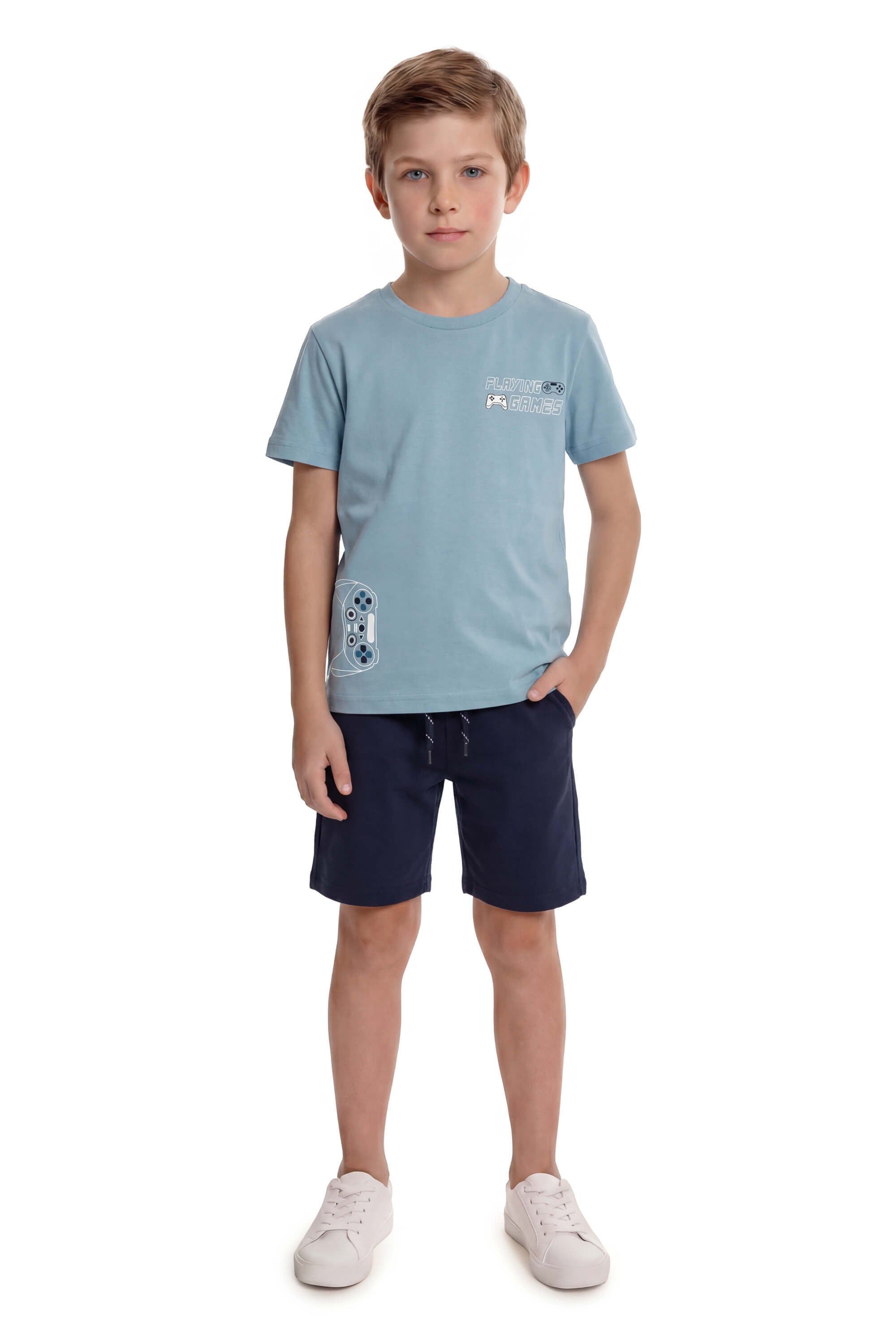 Camiseta Infantil Playing em Meia Malha com Bermuda Tactel