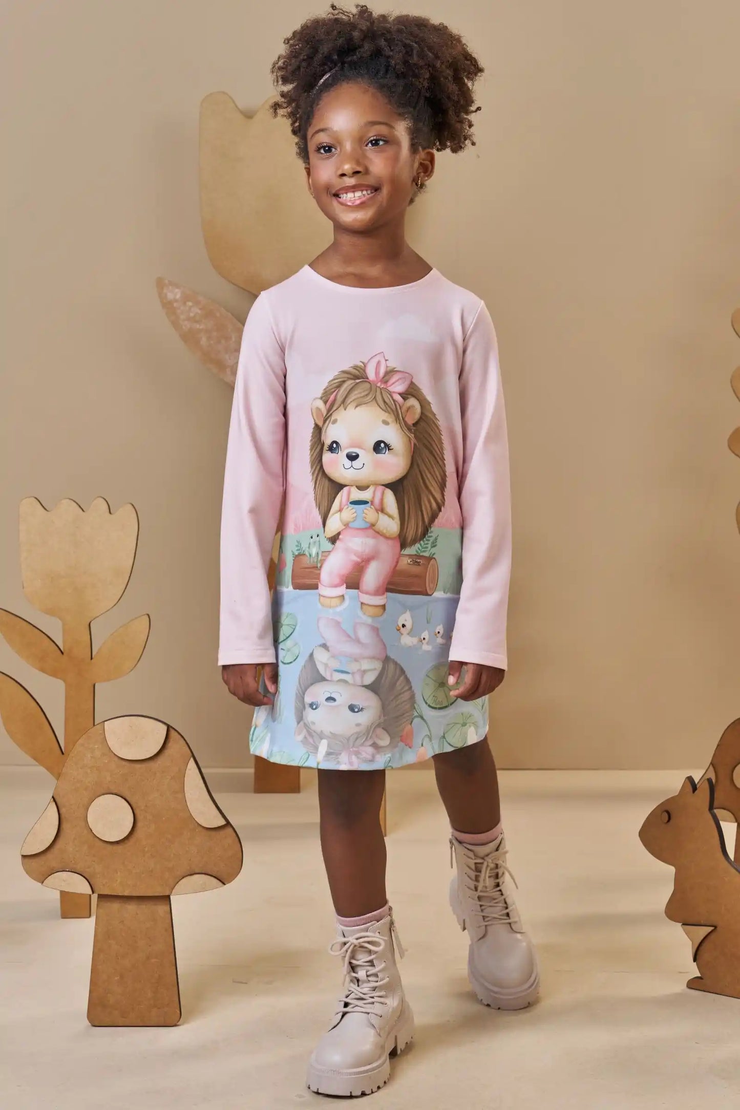 Vestido Infantil Feminino Manga Longa Mia – Encanto e Diversão em Rosa Claro