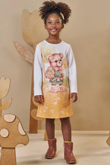 Vestido Infantil Feminino Manga Longa – Charme Outonal em Bege Claro
