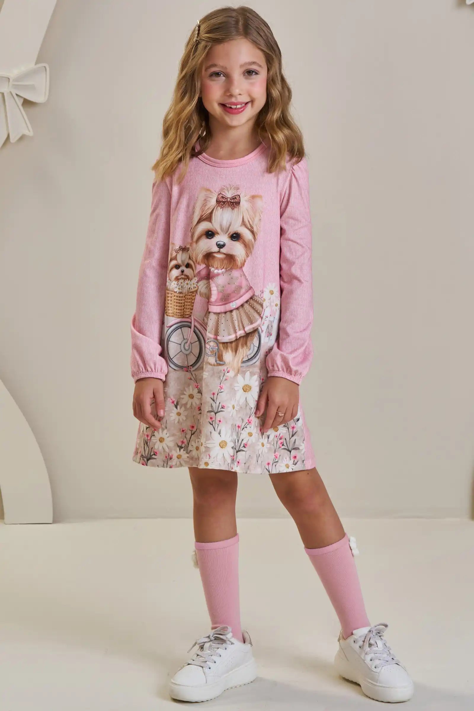 Vestido Infantil Feminino Manga Longa Infanti – Elegância e Charme em Rosa Seda