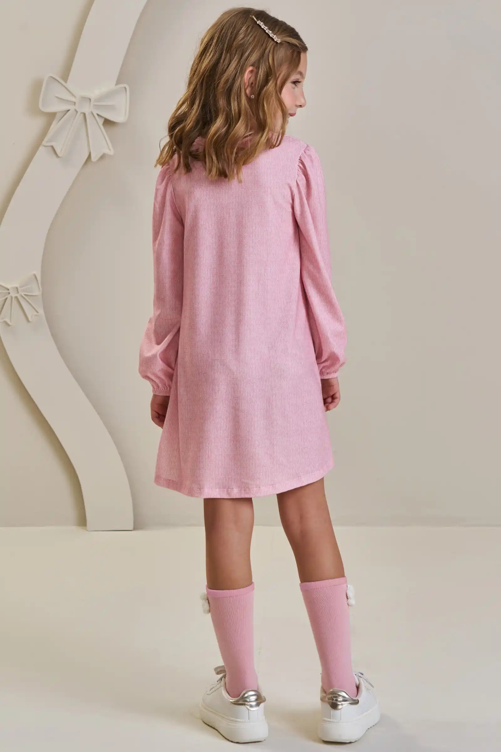 Vestido Infantil Feminino Manga Longa Infanti – Elegância e Charme em Rosa Seda