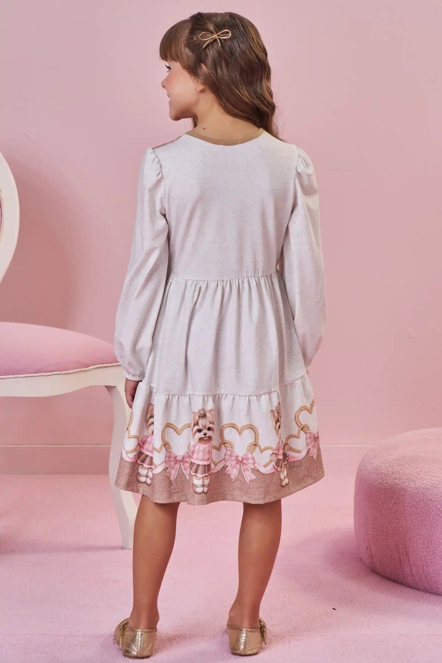 Vestido Infantil Feminino Manga Longa Infanti – Charme e Delicadeza em Bege Claro