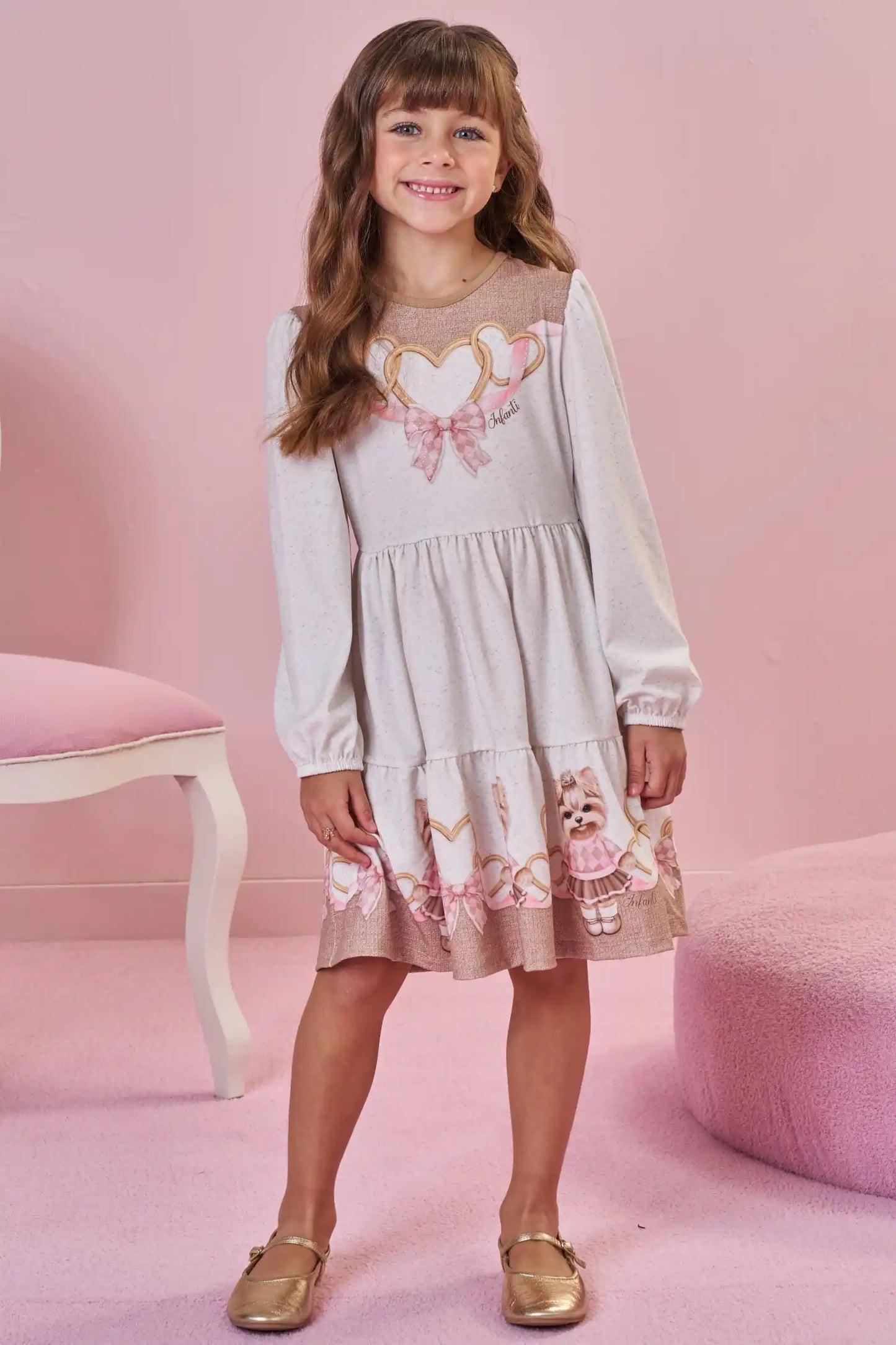 Vestido Infantil Feminino Manga Longa Infanti – Charme e Delicadeza em Bege Claro