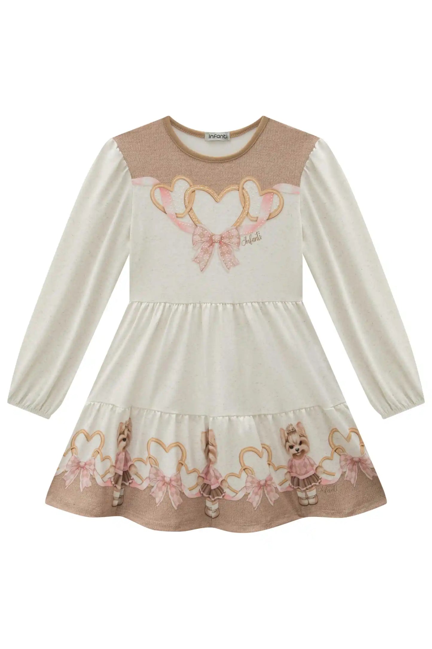 Vestido Infantil Feminino Manga Longa Infanti – Charme e Delicadeza em Bege Claro