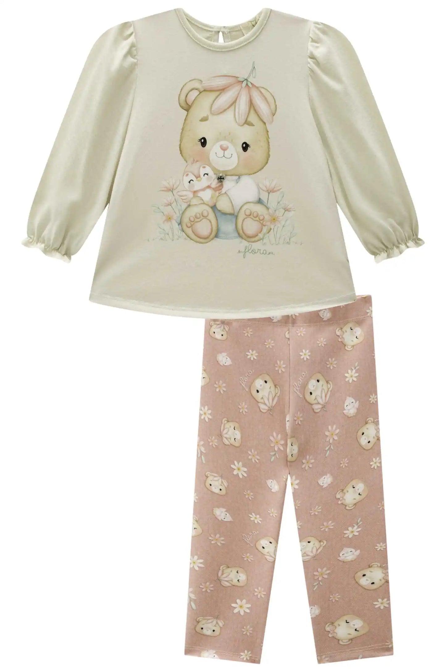 Conjunto Infantil Feminino Bata Manga Longa e Legging Flora – Delicadeza e Conforto em Bege Claro