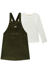 Conjunto Infantil com Camisa de Poá e Vestido Pinafore em Veludo Verde