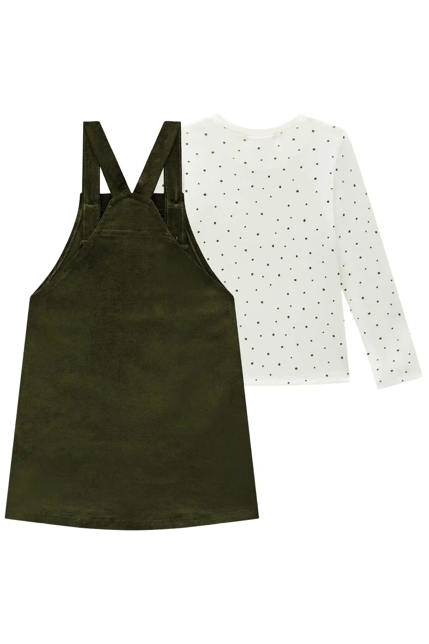 Conjunto Infantil com Camisa de Poá e Vestido Pinafore em Veludo Verde