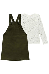 Conjunto Infantil com Camisa de Poá e Vestido Pinafore em Veludo Verde