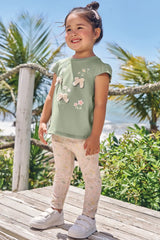 Bata Infantil Verde Abacate com Legging Floral – Conforto e Estilo