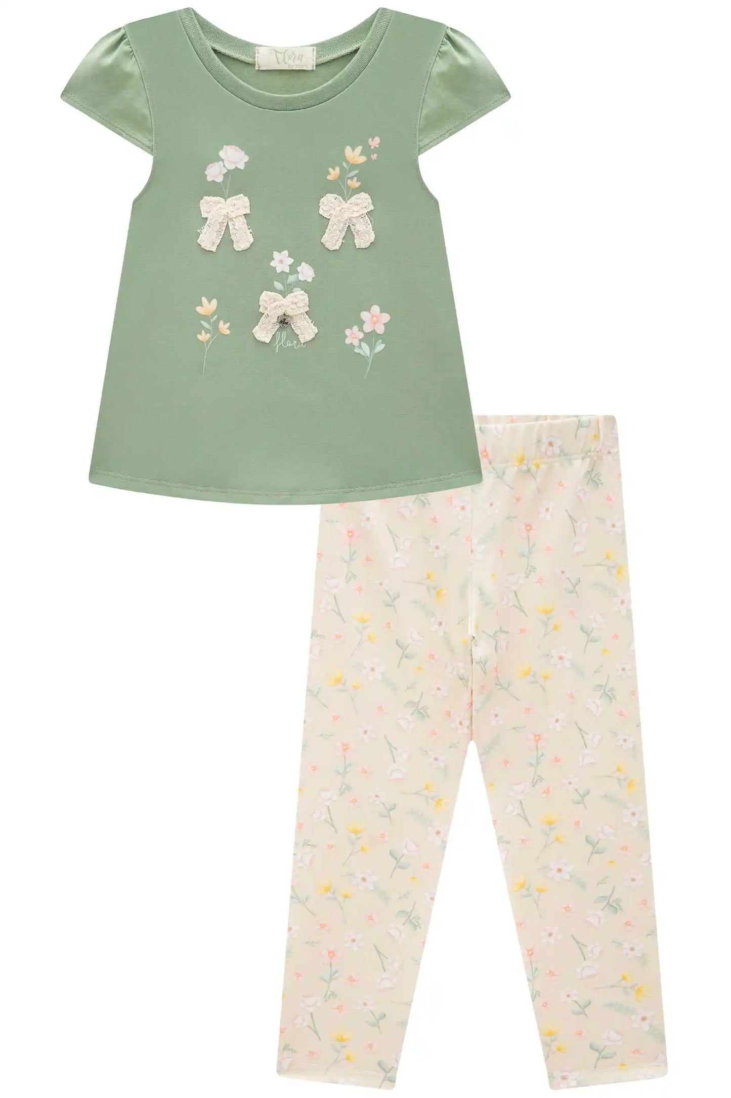 Bata Infantil Verde Abacate com Legging Floral – Conforto e Estilo