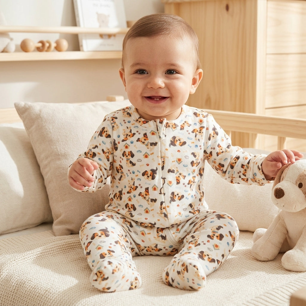 Macacão Bebê Longo com Estampa de Cachorrinhos - Conforto para o Dia a Dia