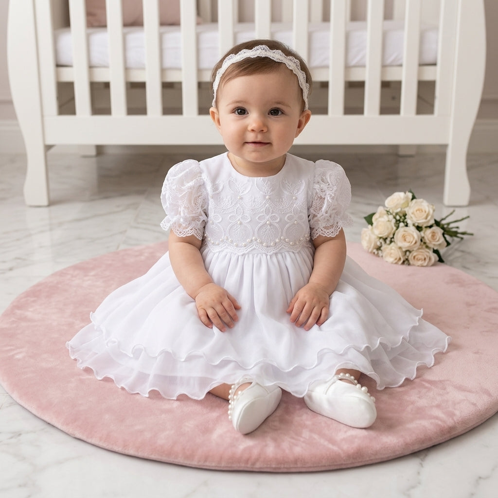 Vestido de Batizado Princesa Manga Renda Bordada