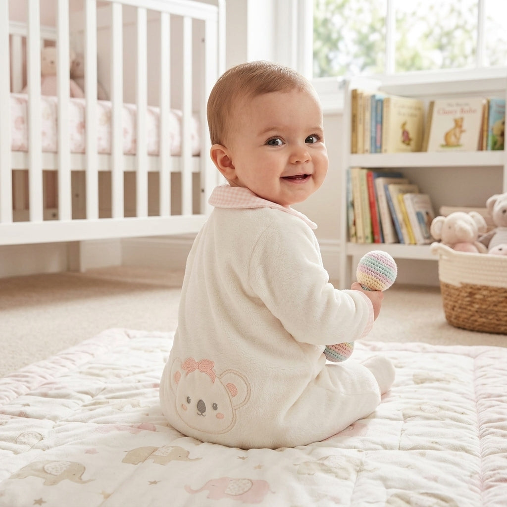 Macacão Longo de Bebê Off-White com Bordado de Ursinho para Conforto Diário