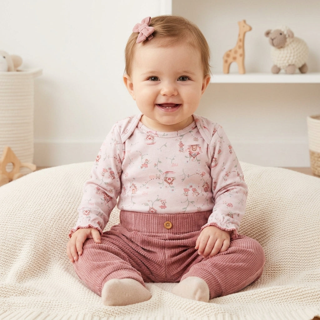 Conjunto de Bebê Rosa com Estampa Delicada e Calça Texturizada