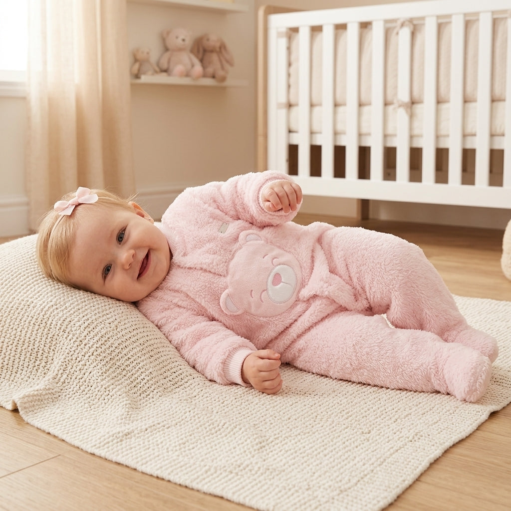 Macacão de Bebê em Plush Creme com Bordado de