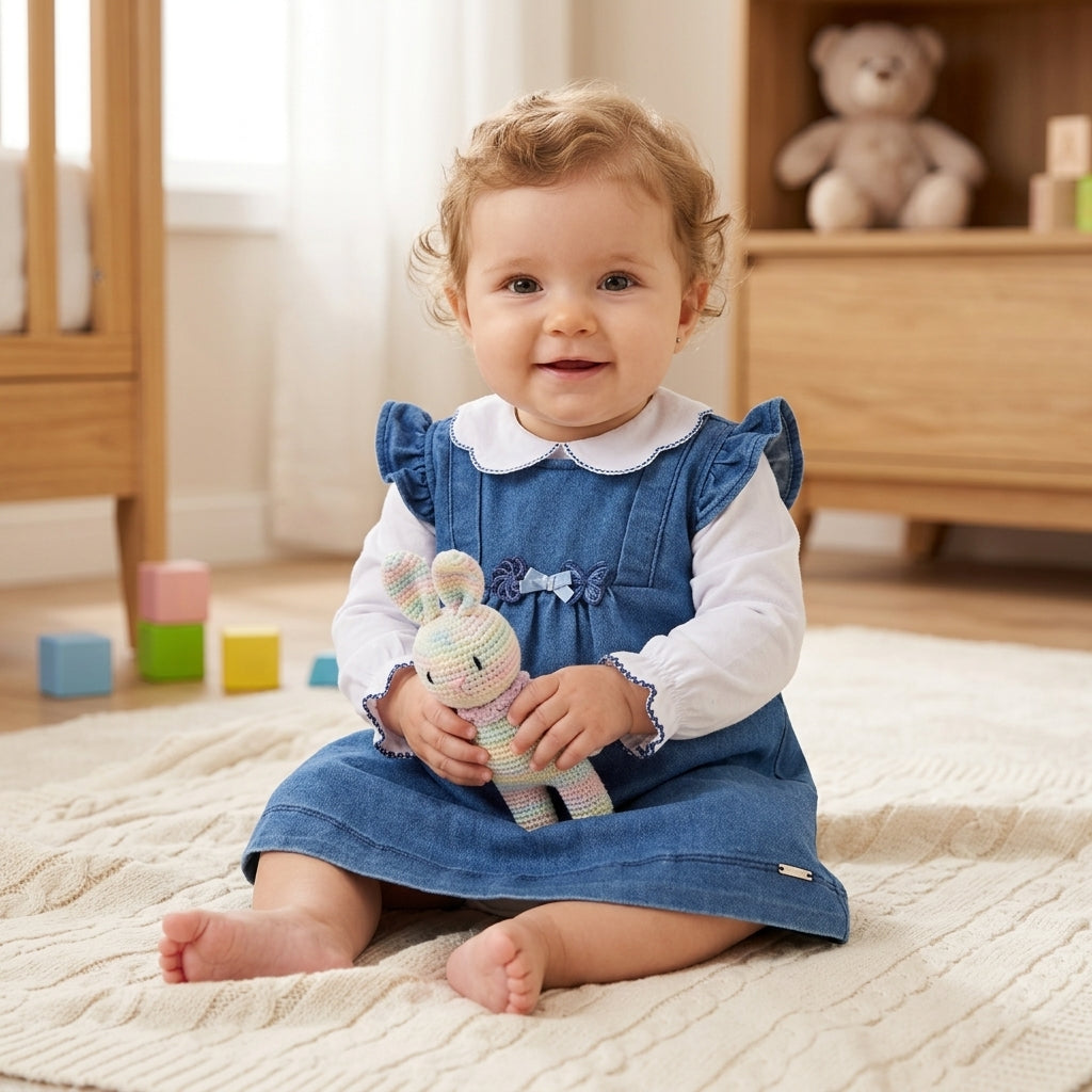 Conjunto Bebê com Body Branco e Vestido Jeans Confortável