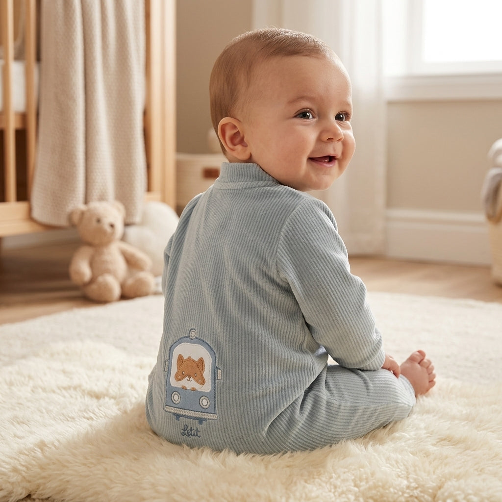 Macacão Longo Azul com Patch de Ursinho – Conforto e Estilo para Bebê