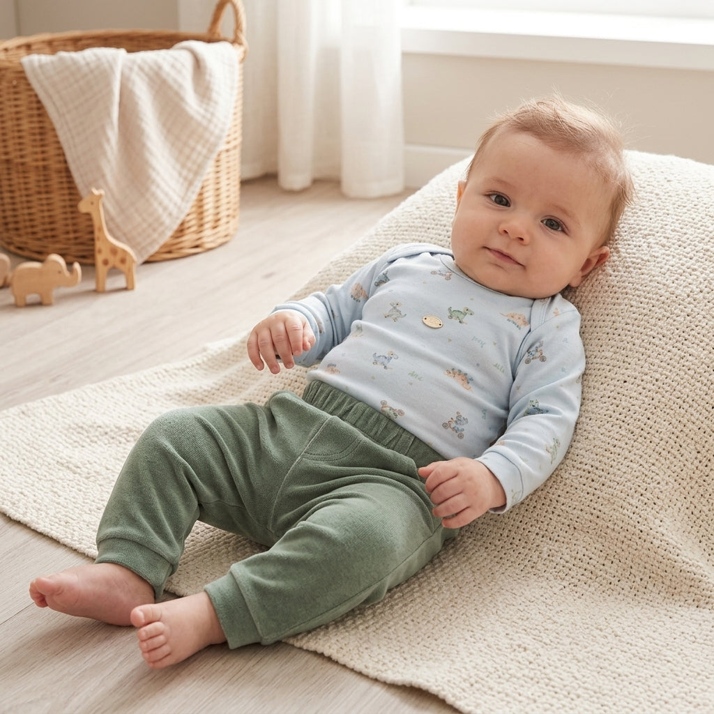 Conjunto de Bebê Azul com Estampa Divertida e Calça Verde Confortável