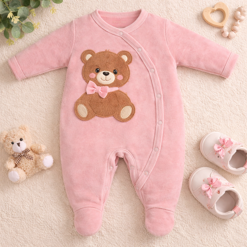 Macacão Plush Corações Ursa Rosé – Aconchego e Estilo Outono/Inverno