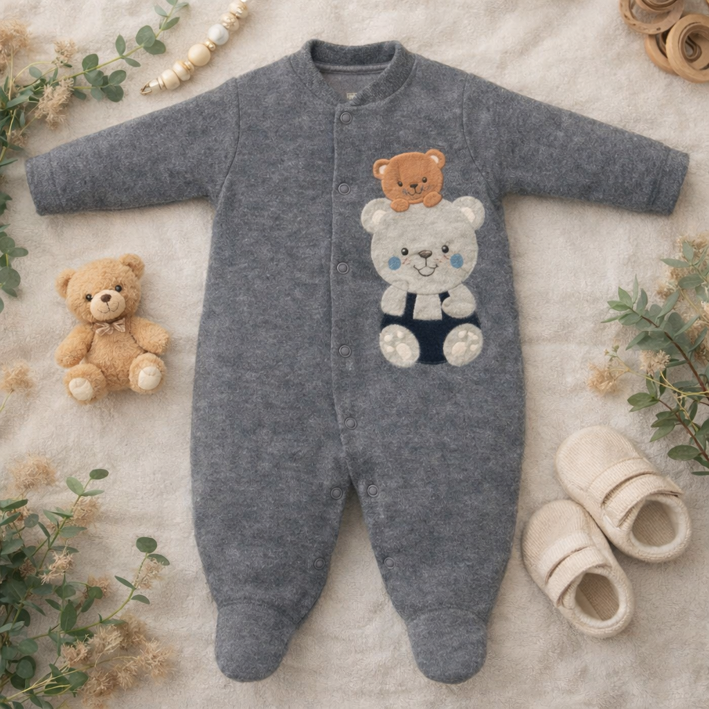 Macacão Plush Buckle Ursinhos Amigos Cinza – Aconchego e Estilo Outono/Inverno