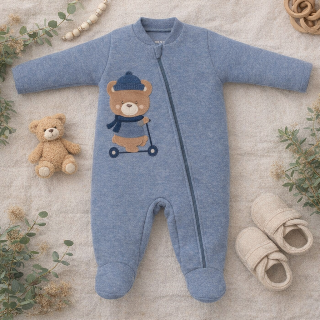 Macacão Plush Buckle Urso Azul – Aconchego e Estilo Outono/Inverno 2026