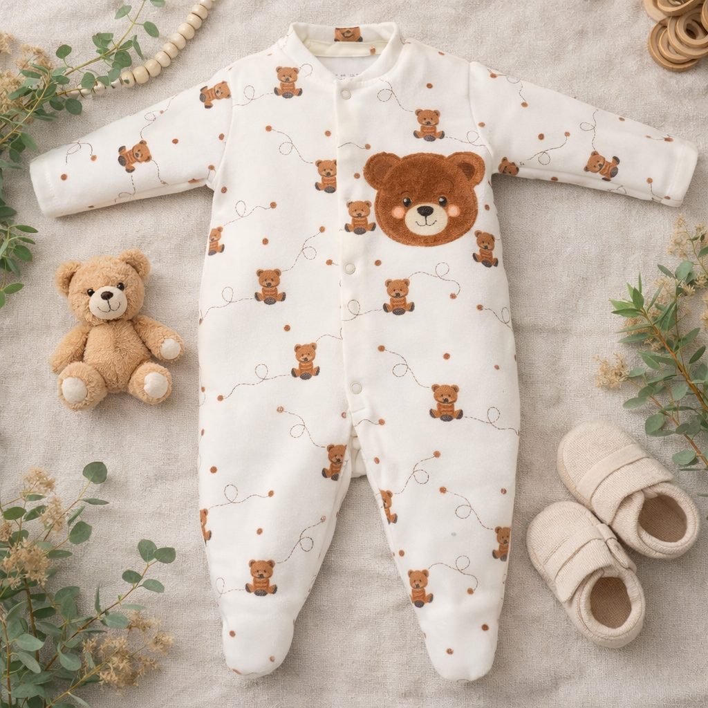 Macacão Plush Unissex Ursos Marfim – Aconchego e Versatilidade Outono/Inverno