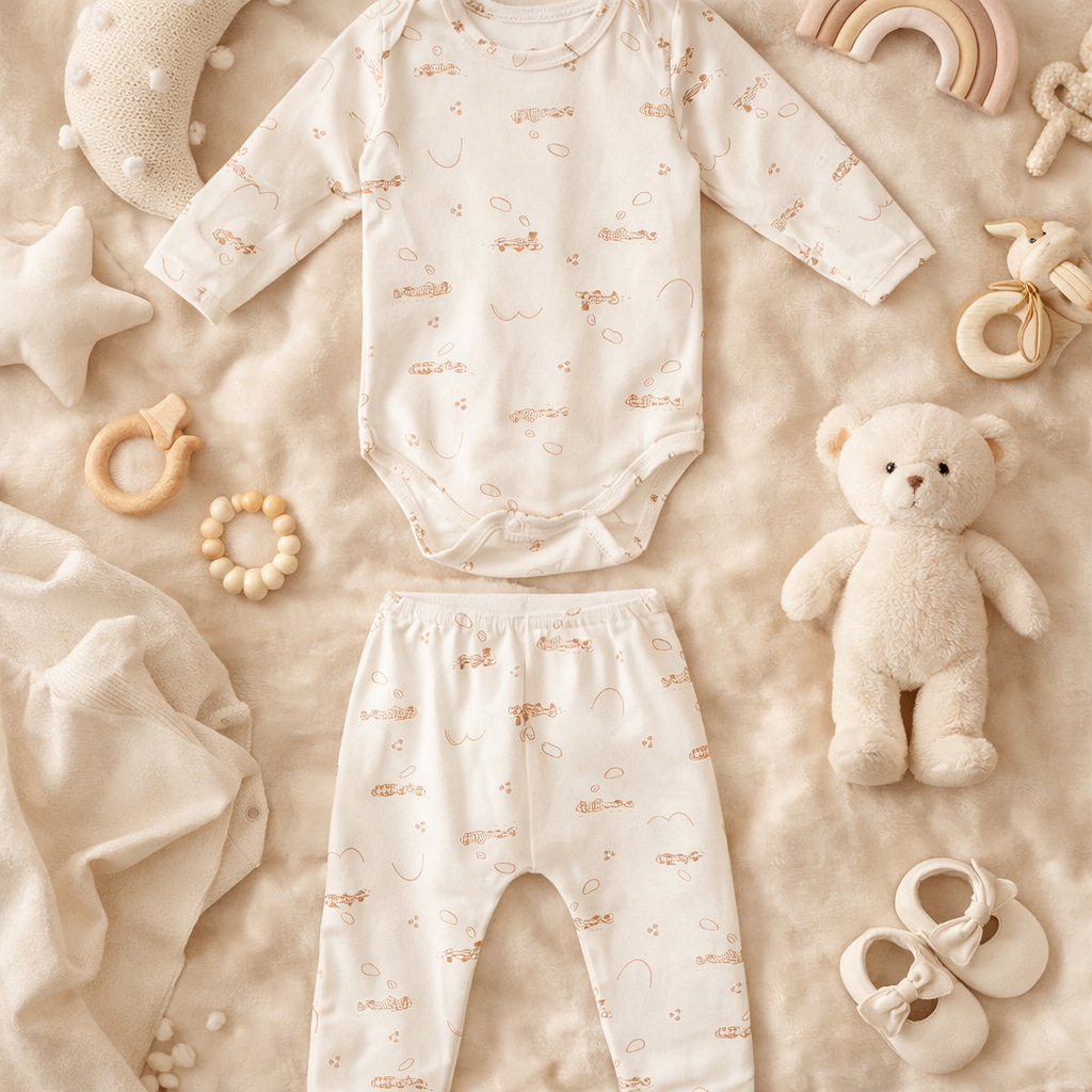 Conjunto Body Longo Canelado Bordado Trenzinho – Conforto e Charme para Bebês
